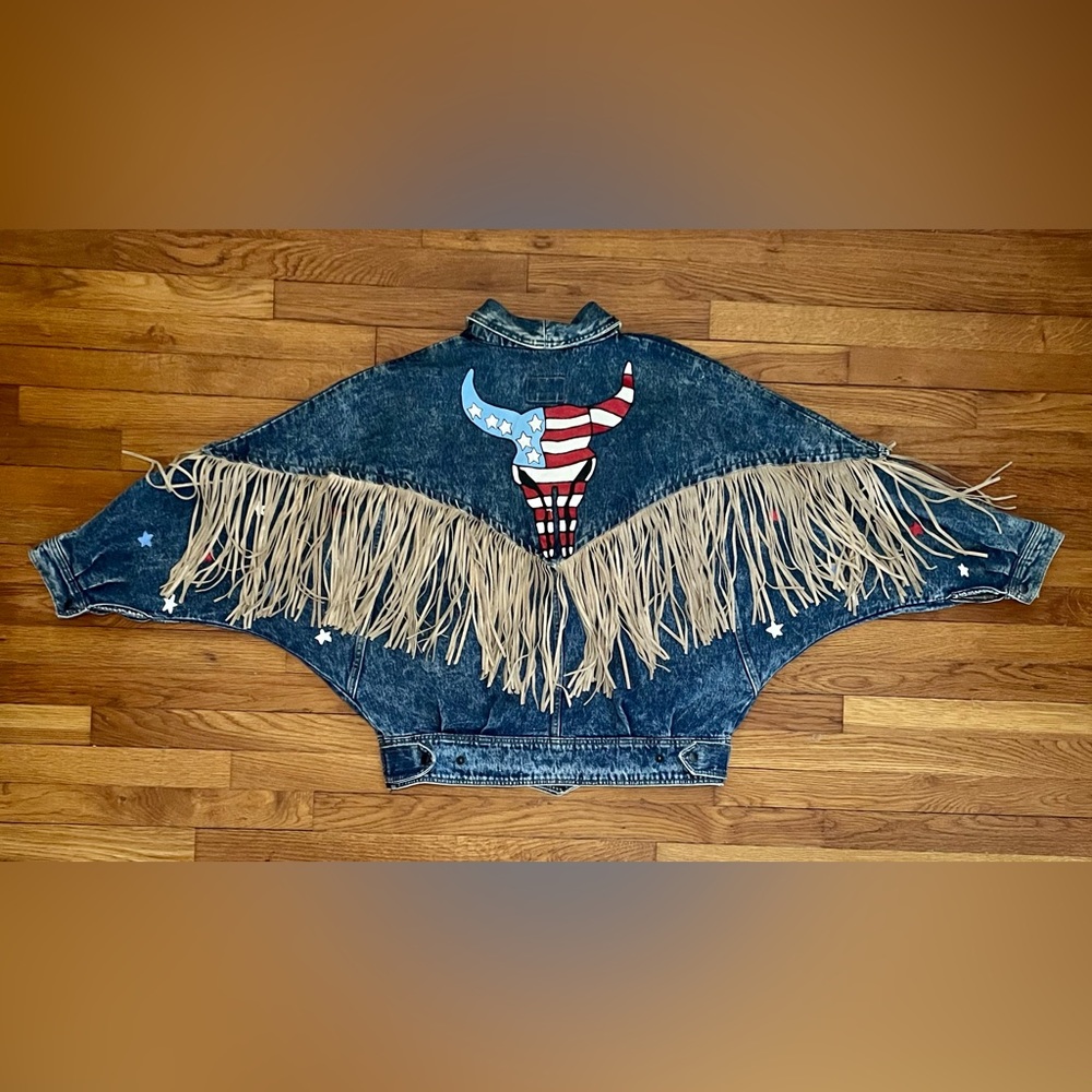 🤠🇺🇸Fringe Hand-Painted Americana Jean Denim Jacket🇺🇸🤠 ~Large texas